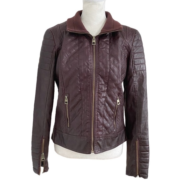 GUESS MAROON Y2K QUILTED FAUX LEATHER ZIP UP MOTO JACKET - M - Picture 1 of 10